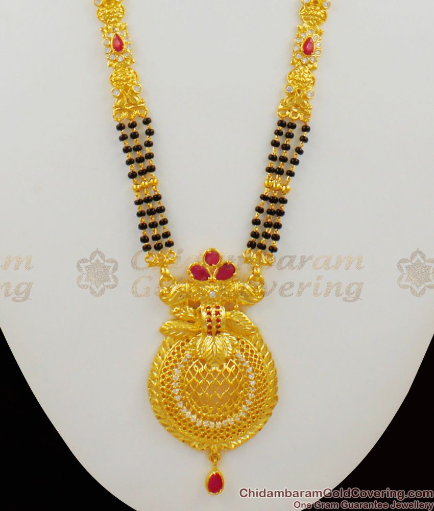 Forming Design Gold Plated Three Line Black Beads Mangalsutra Long Thali Chain HR1410