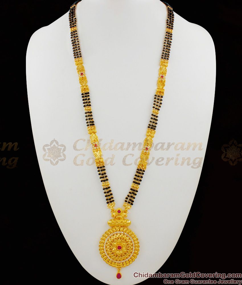 Forming Design Gold Black Beads Three Line Mangalsutra Long Thali Chain HR1411