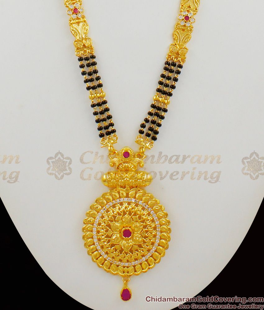 Forming Design Gold Black Beads Three Line Mangalsutra Long Thali Chain HR1411