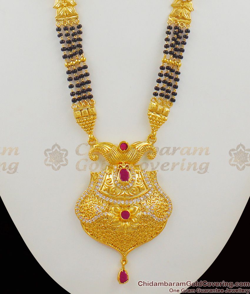 Grand Four Line Forming Gold Black Beads Mangalsutra Long Thali Chain HR1415
