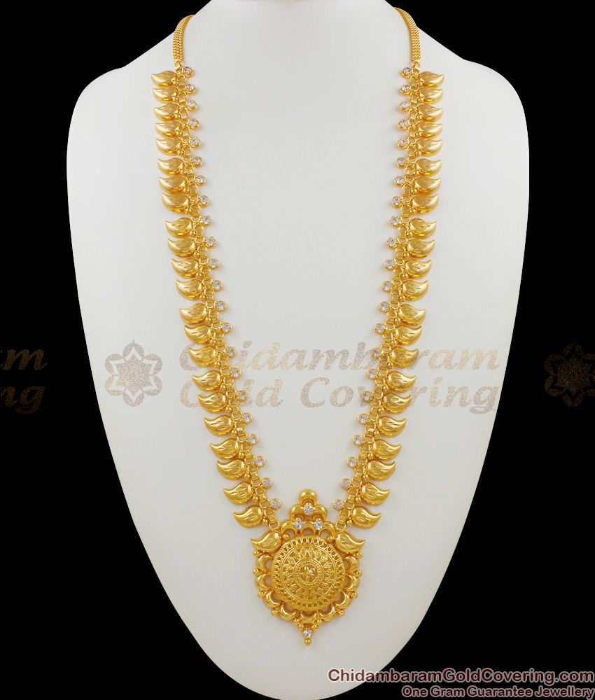 White Stone Mango Design Kerala Bridal Wear Two Line Heavy Gold Haram Malai HR1430