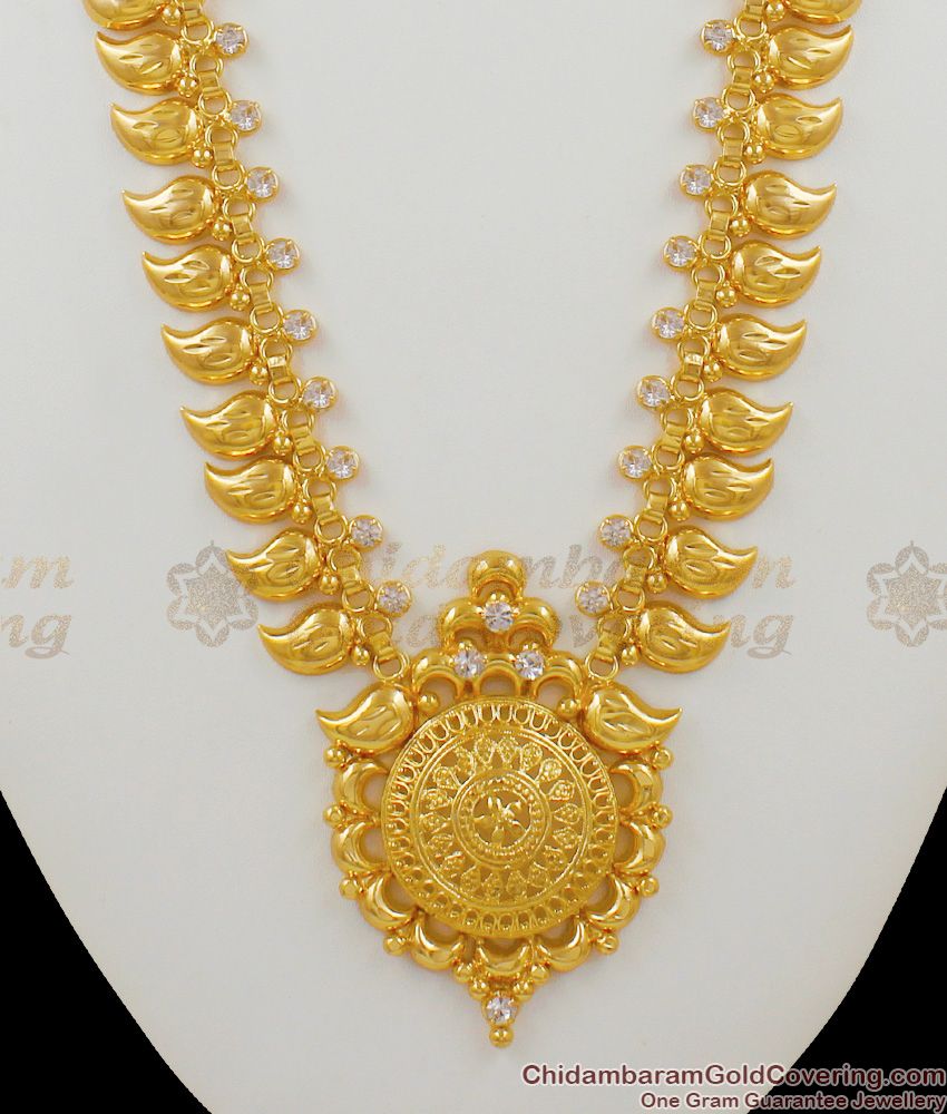White Stone Mango Design Kerala Bridal Wear Two Line Heavy Gold Haram Malai HR1430