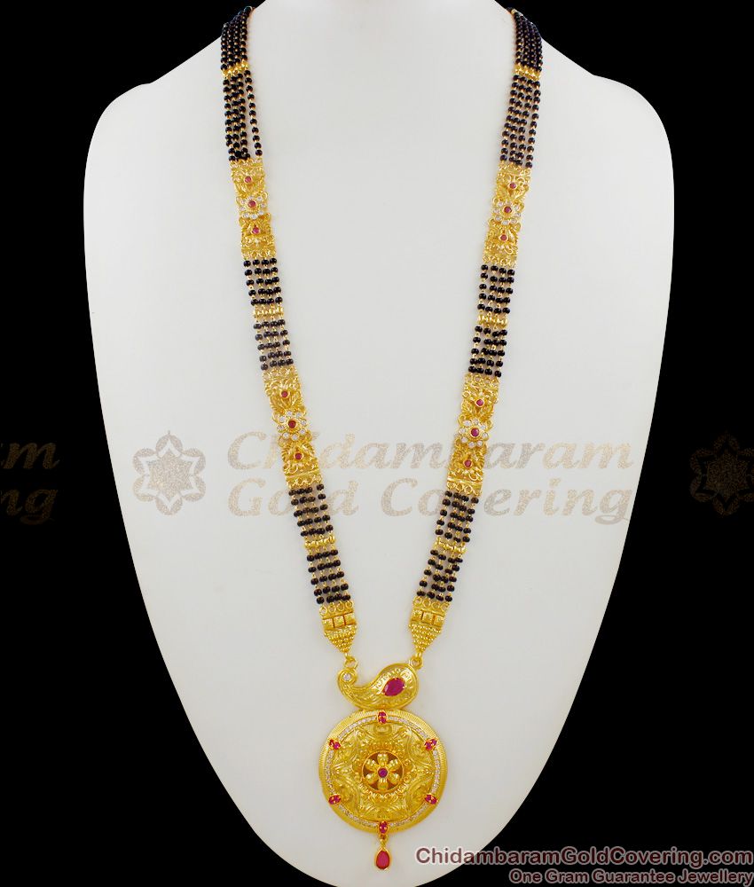 Forming Gold Pattern Four Line Mango Design Black Beads Mangalsutra Thali Chain HR1432