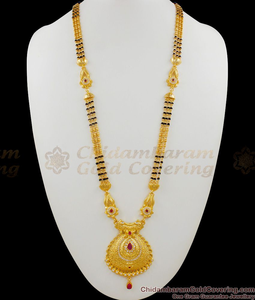 Forming Gold Three Line Mangalsutra Black Beaded Long Thali Chain Collection HR1433