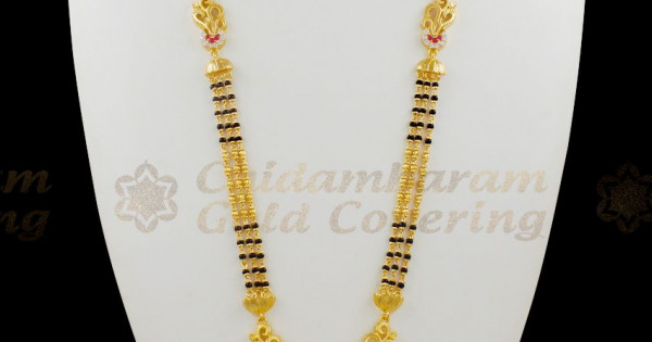 Fascinating Gold Forming Three Line Mangalsutra Black Beaded Long Thali Chain Model HR1434