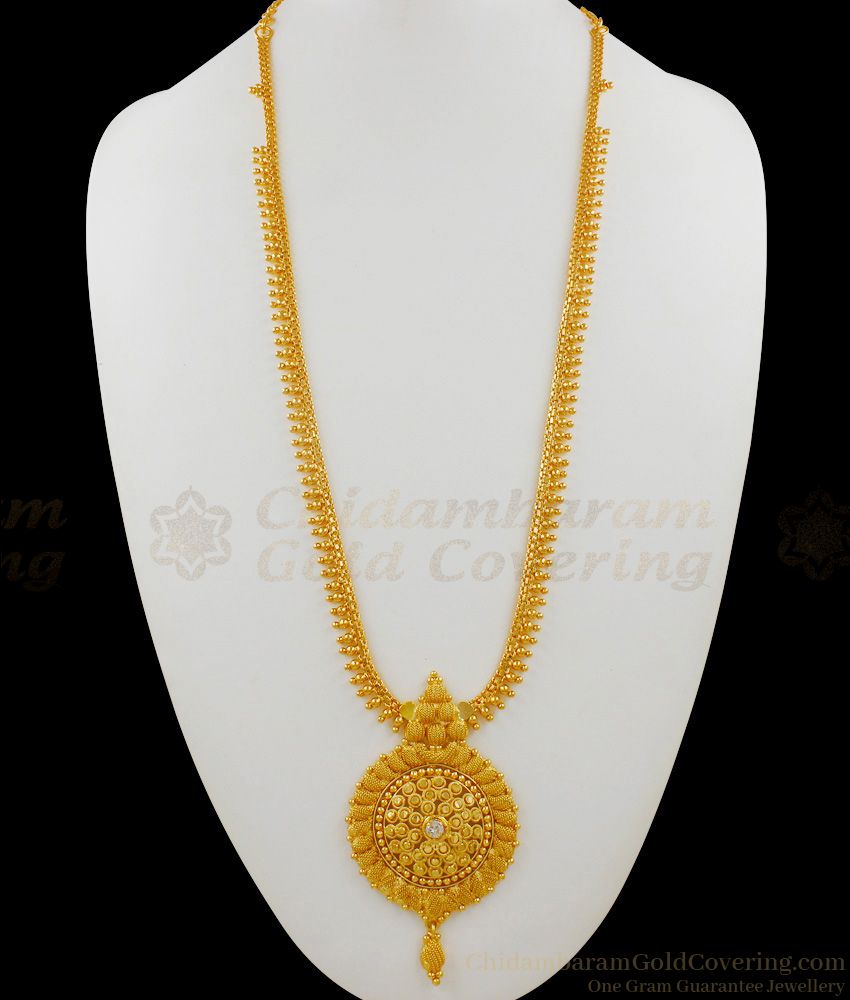 Attractive Single White Stone Gold Plated Kerala Model Long Haaram Jewellery HR1440