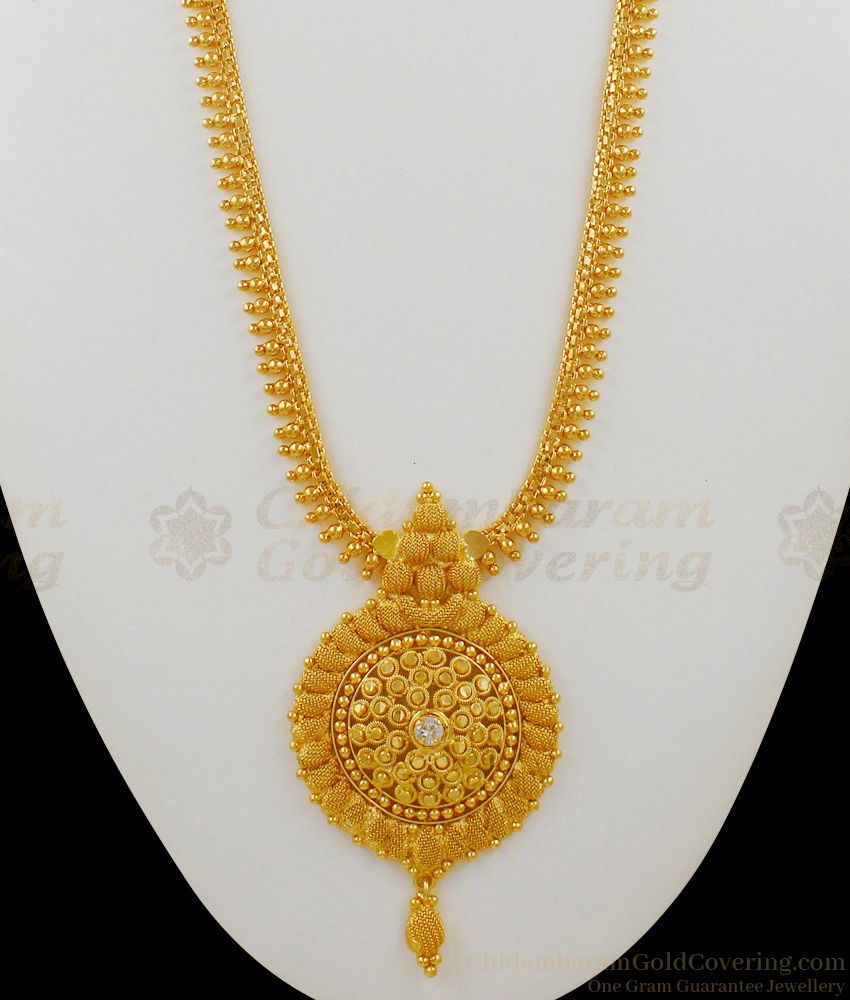 Attractive Single White Stone Gold Plated Kerala Model Long Haaram Jewellery HR1440