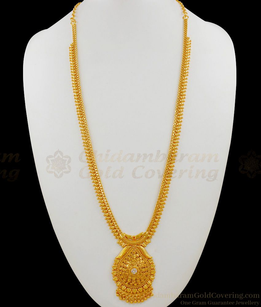 Traditional Kerala Gold Model Single White Stone Bridal Haaram Collection HR1441