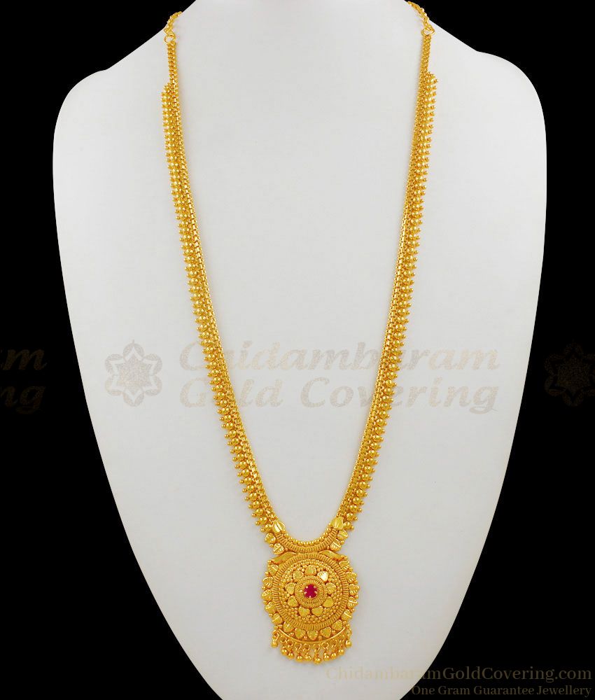 Magnificent One Gram Gold Ruby Stone Beaded Dollar Design Bridal Haaram HR1444 Magnificent One Gram Gold Ruby Stone Beaded Dollar Design Bridal Haaram HR1444