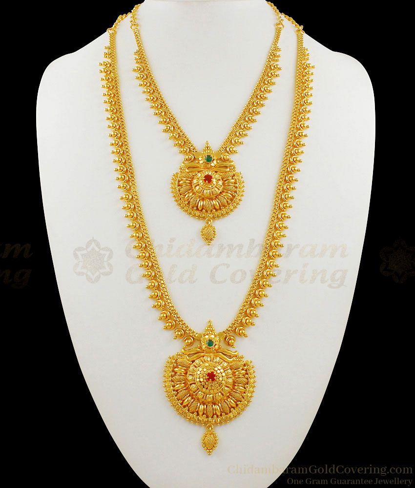 Luxury Gold Ruby Emerald Stone Bridal Design Long Haaram Necklace Combo Set Jewelry Collection HR1445