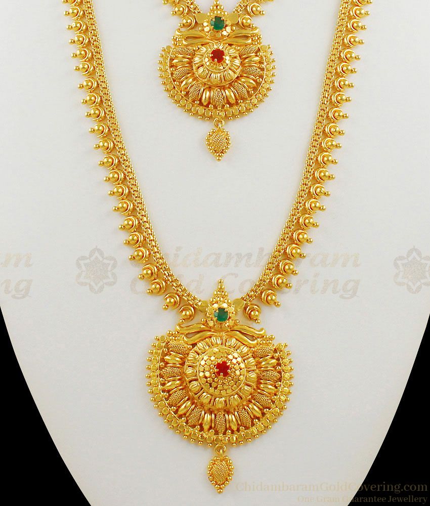 Luxury Gold Ruby Emerald Stone Bridal Design Long Haaram Necklace Combo Set Jewelry Collection HR1445