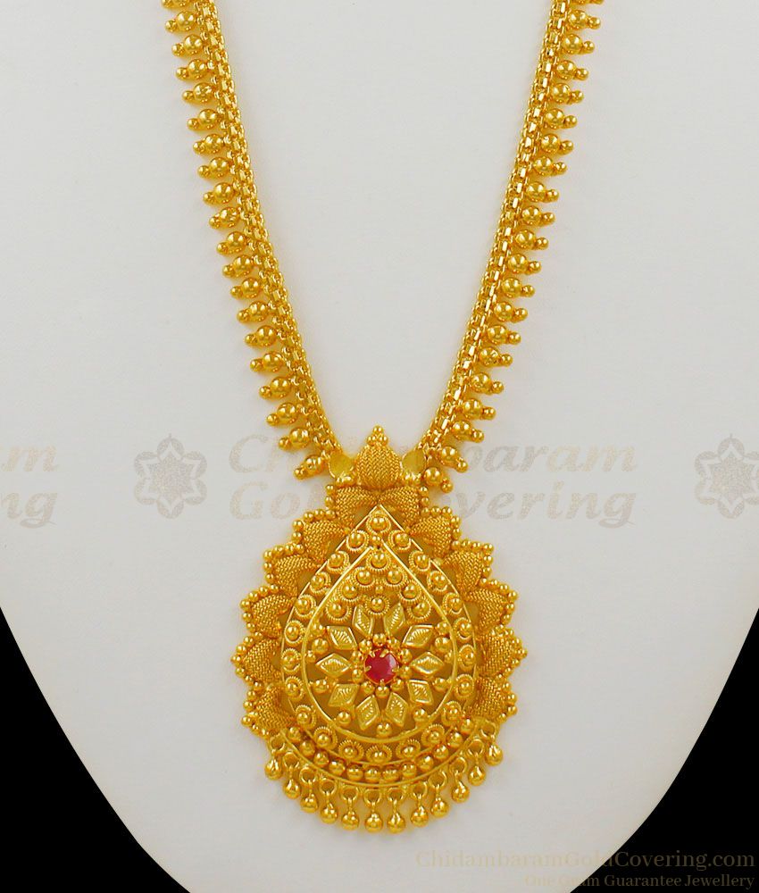 Fabulous Kerala Leaf Pattern Gold Plated Dollar With Ruby Stone Bridal Haaram Model Haaram HR1446