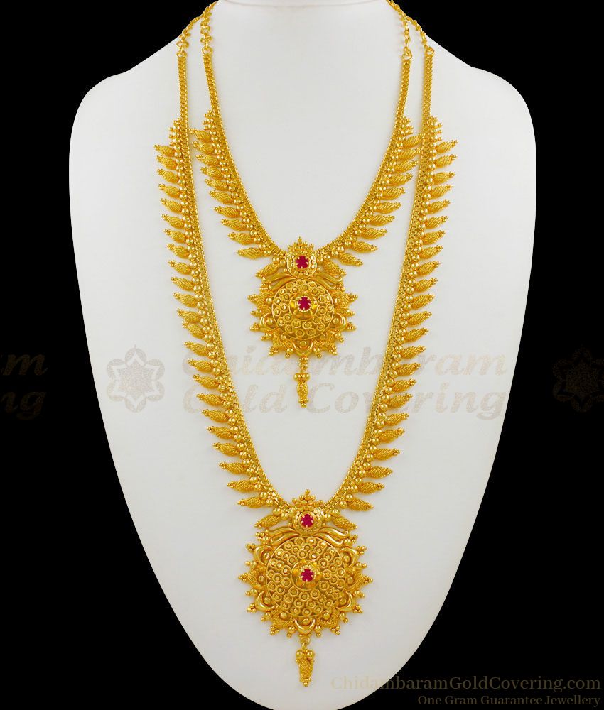 Attractive Flower Dollar Festive Design With Double Ruby Stone Gold Haaram Necklace Combo Set HR1448