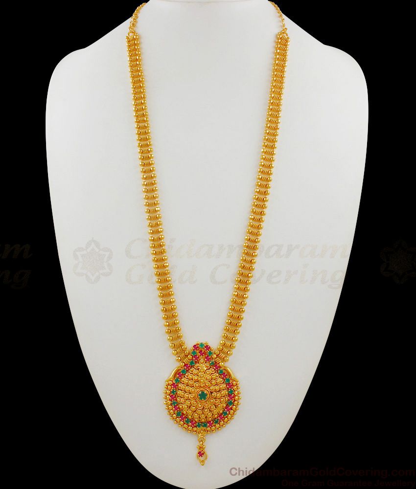 Best Kerala Gold Model Long Haaram Dollar Chain With Green And Pink Stones HR1454