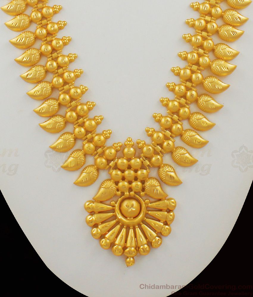 Matt Finish Wedding Look Kerala Mango Leaf Design Gold Haaram Jewellery HR1459