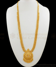 Fancy Single White Crystal Gold Plated Long Haram Kerala Bridal Jewelry With Beads HR1461