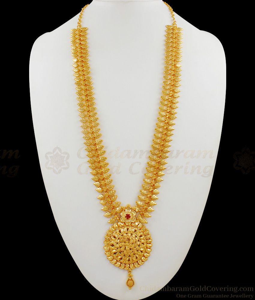 Iconic Kerala Leaf Pattern Gold Plated Dollar With Red Crystal Stone Bridal Haaram HR1464