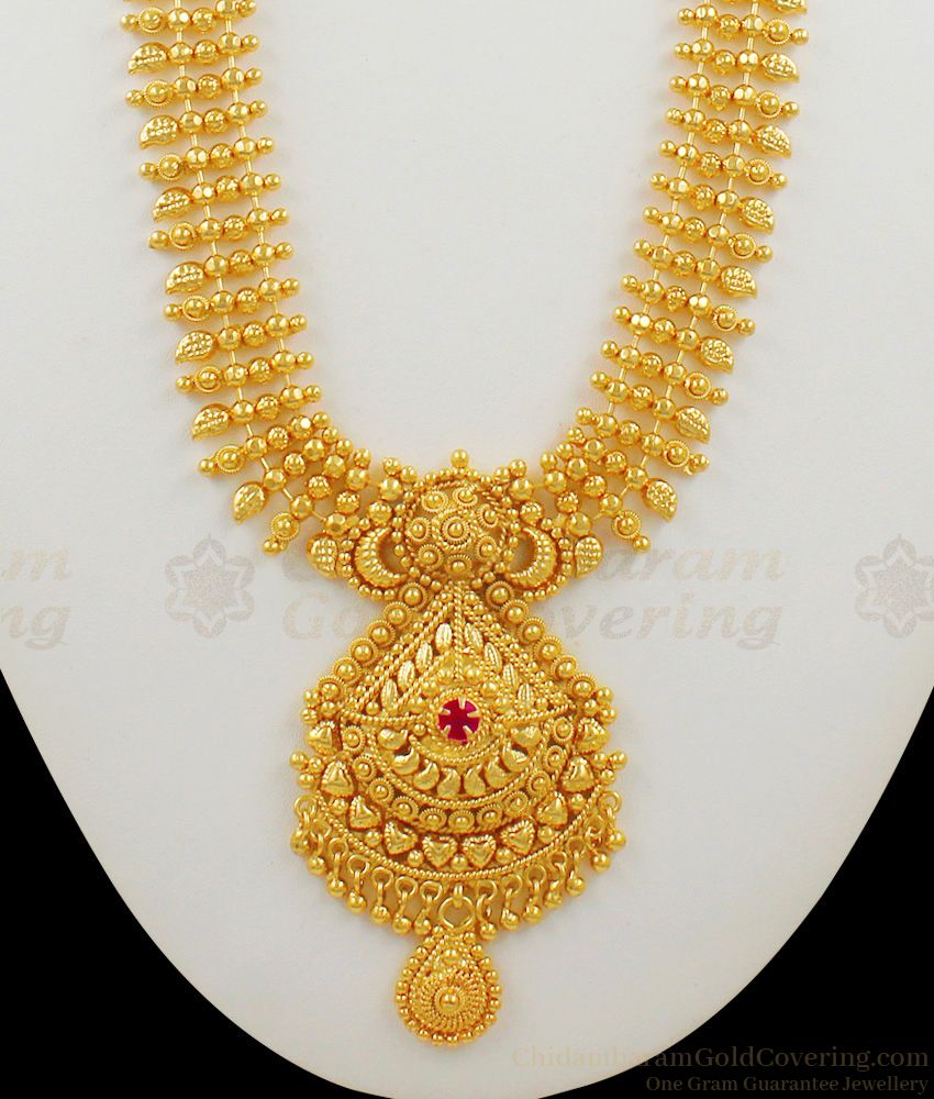Traditional Kerala Trendy Pattern Gold Dollar With Ruby Stone Bridal Haaram Collection HR1465