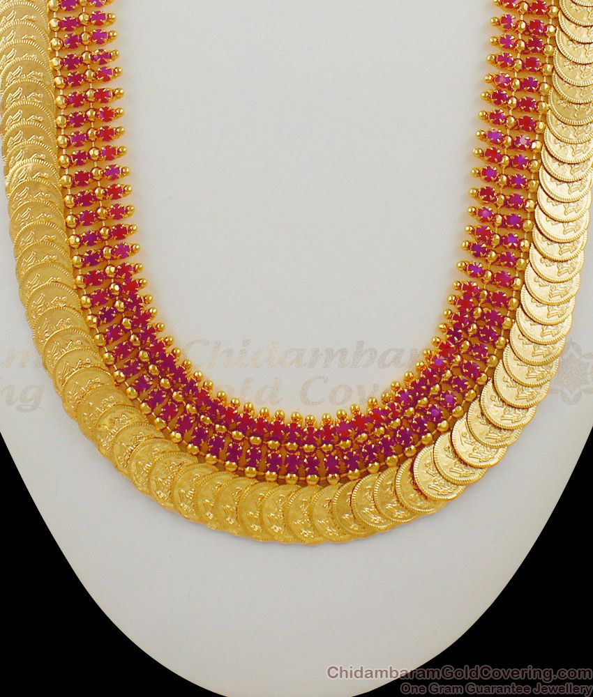 Traditional One Gram Gold Plated Kasu Malai Haaram With Ruby Stones Mullaipoo Design Jewelry HR1466