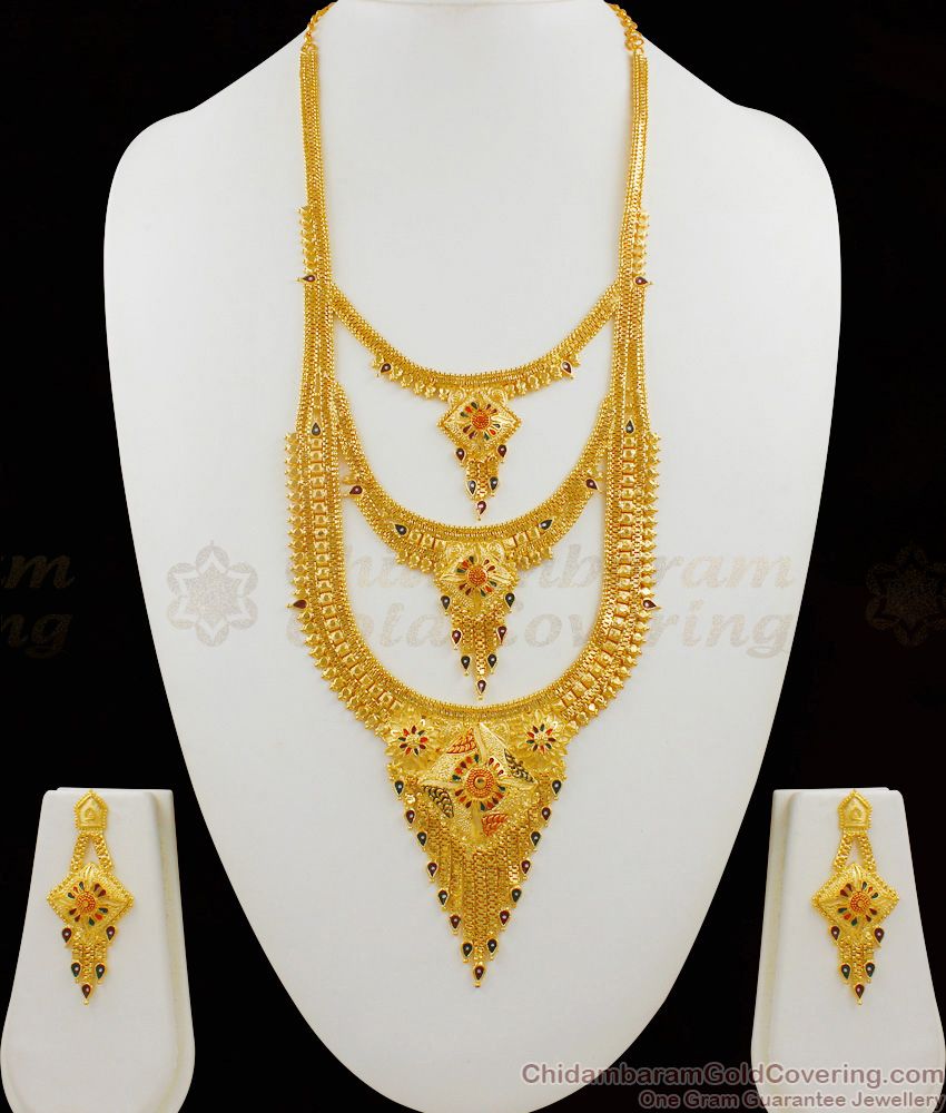 MultiLine Forming Haram Necklace Combo Set with Earrings Real Gold Design Bridal Jewelry HR1469