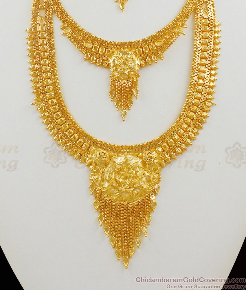 MultiLine Forming Haram Necklace Combo Set with Earrings Real Gold Design Bridal Jewelry HR1470
