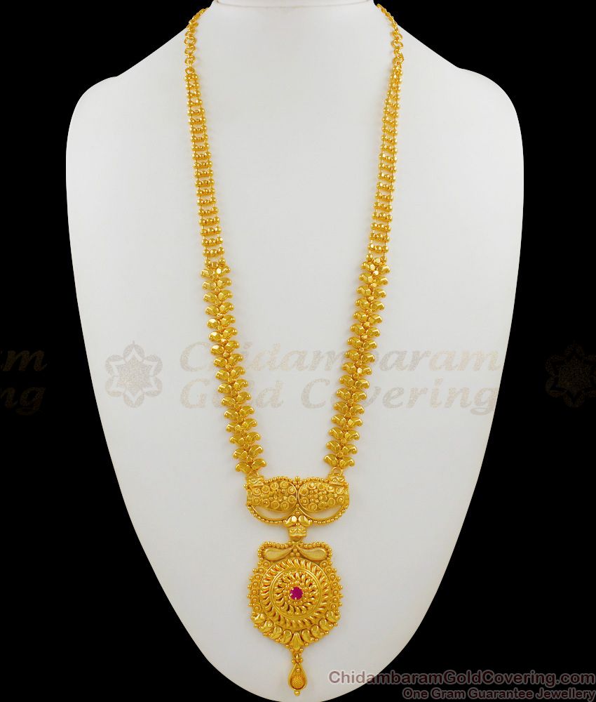 Grand Leaf Pattern Gold Plated Haram With Single Ruby Stone Jewelry For Functions HR1477
