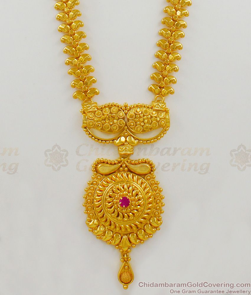 Grand Leaf Pattern Gold Plated Haram With Single Ruby Stone Jewelry For Functions HR1477