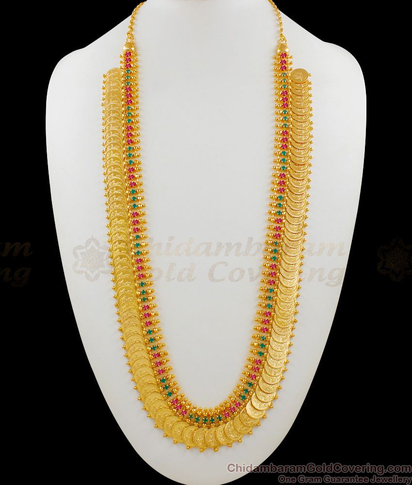 One Gram Gold Plated Kasu Malai Haaram With Red And Green Stones Mullaipoo Model HR1481
