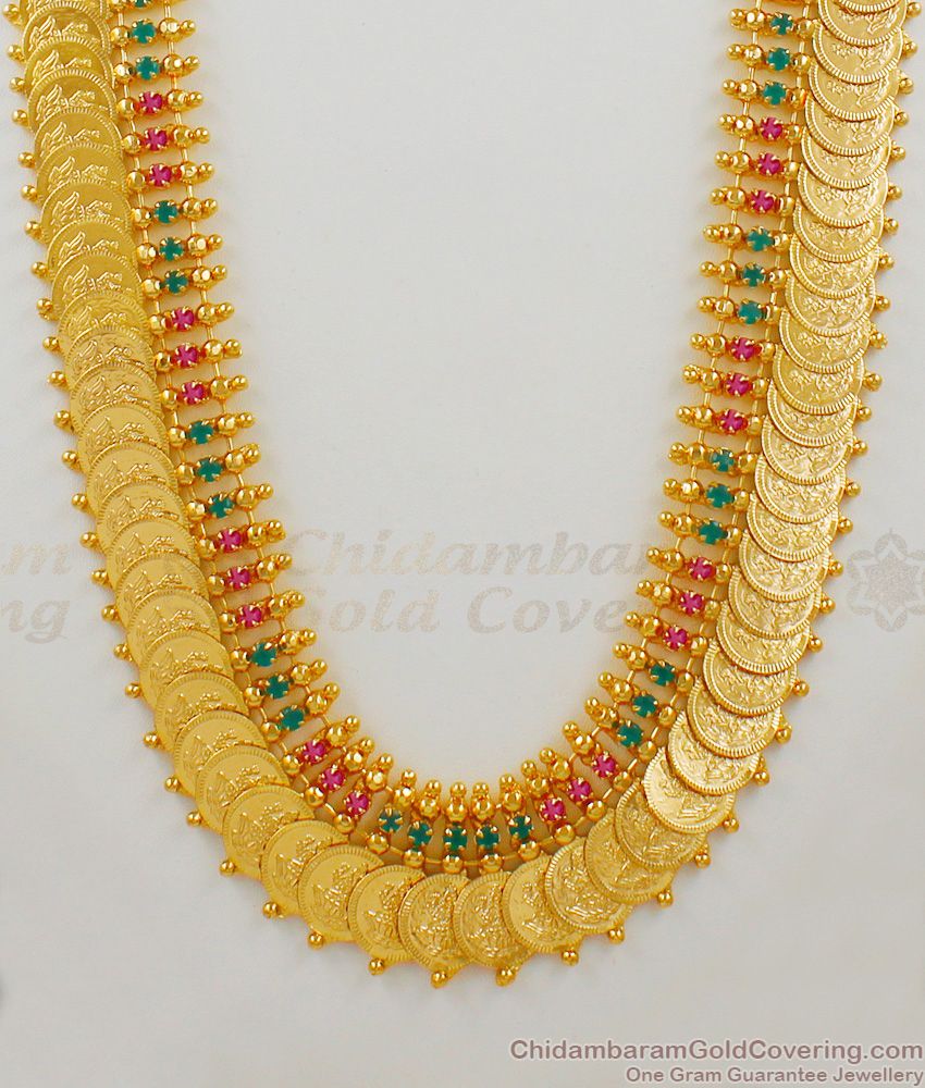 One Gram Gold Plated Kasu Malai Haaram With Red And Green Stones Mullaipoo Model HR1481