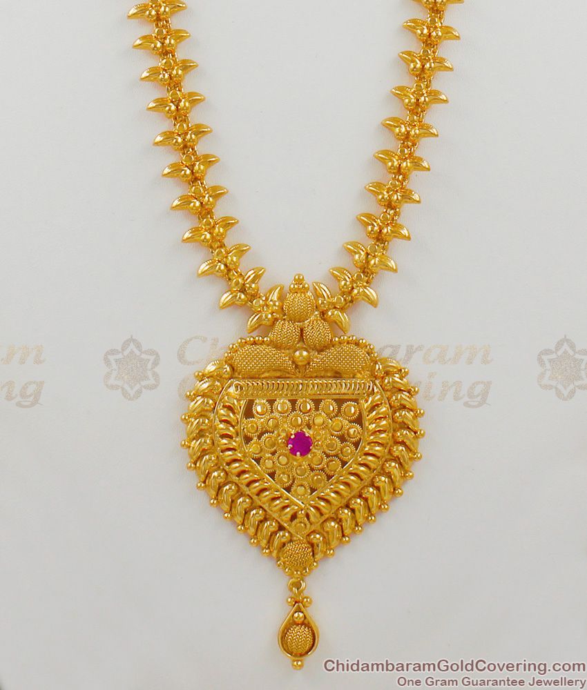 Trendy Heart Fashion Real Gold Bridal Haram With Ruby Stone Jewelry For Wedding HR1483