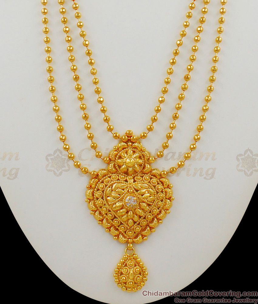 Amazing Gold Heart Dollar With CZ White Stone Multiline Beaded Haram Jewelry For Ladies HR1486