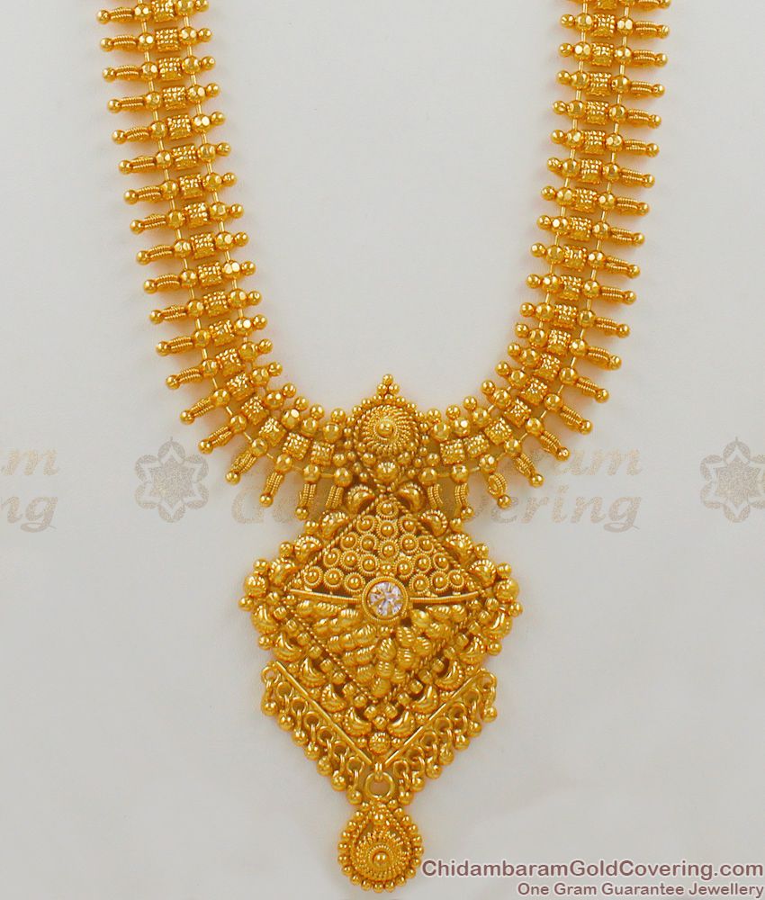 Fantastic Kerala Gold Design Long Haram Bridal Jewelry With AD Stone And Beads HR1487