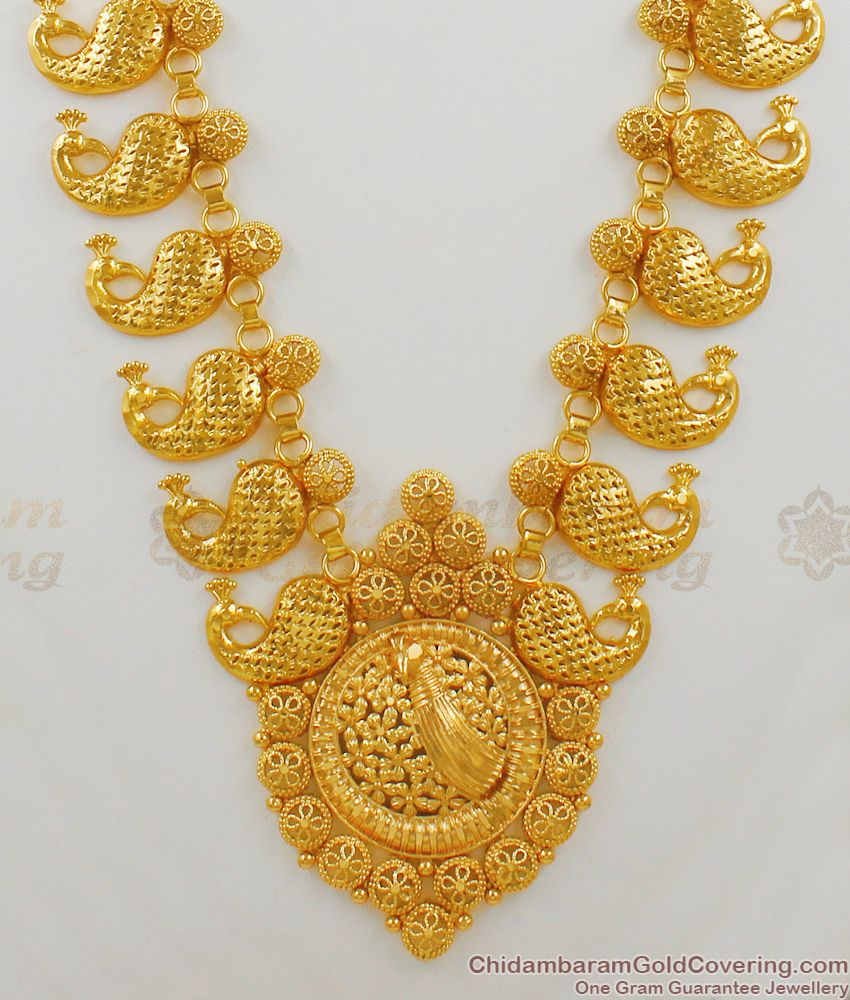 Beautiful Peacock Pattern Plain Gold Plated Heavy Thick Haaram Necklace HR1492