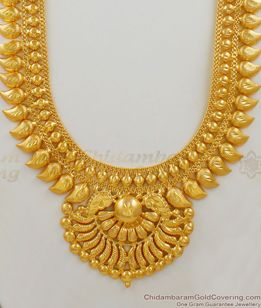 Kerala Traditional Mango Model Gold Imitation Haram Jewelry Collection For Occasional Use HR1493