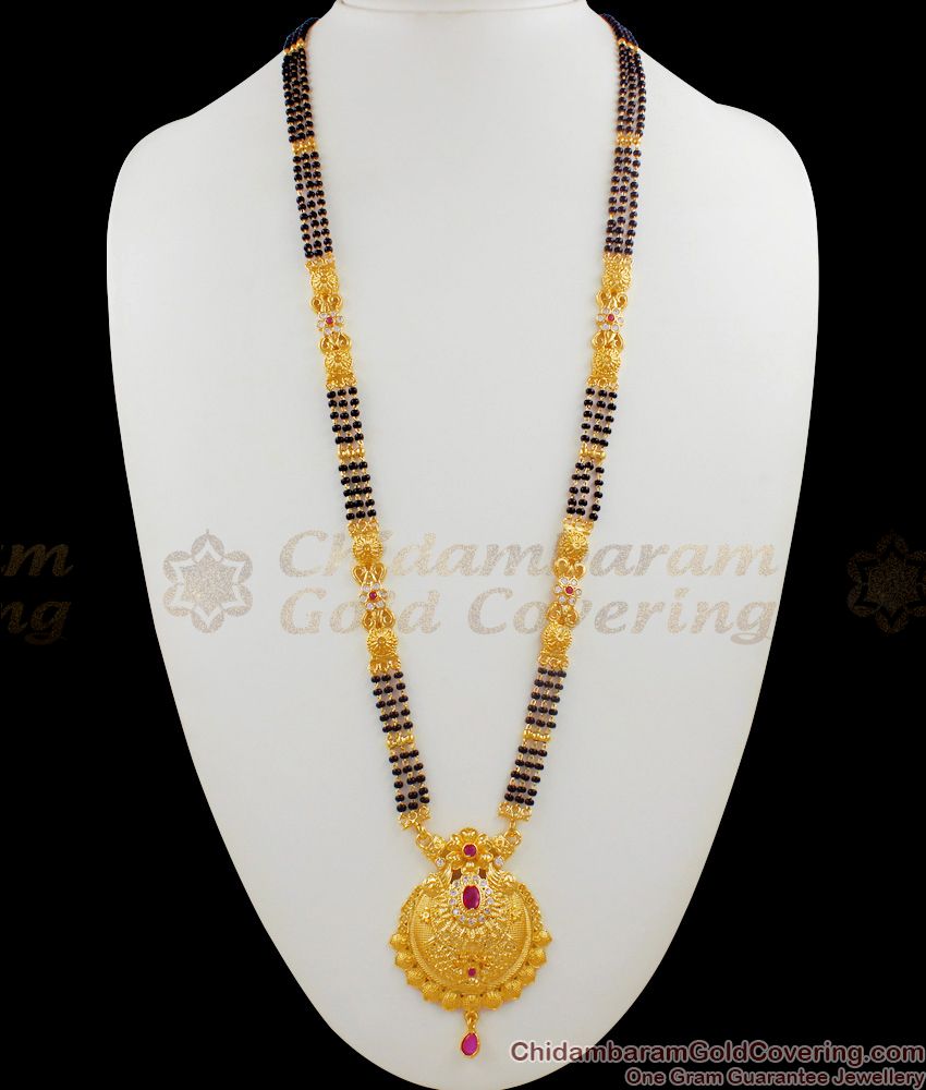 Fancy Multi Stone Black Pearl Design Three Line Long Pendant Chain For Womens HR1503