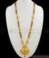 Fascinating Ruby White Stone Gold Pendant Black Beaded Haaram For Fancy Wear HR1507
