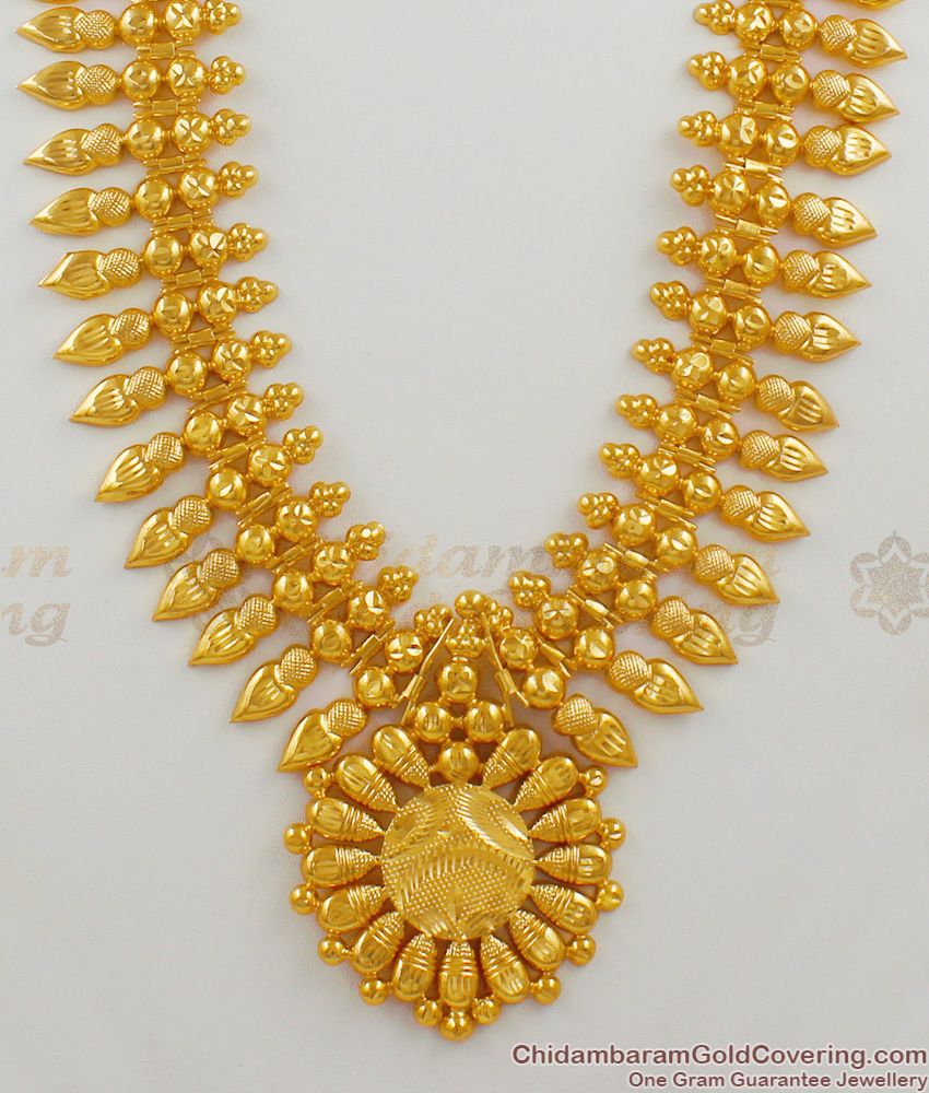 Luxury Kerala Fashion Mullai Leaf Real Gold Bridal Haaram Jewellery Necklace HR1510