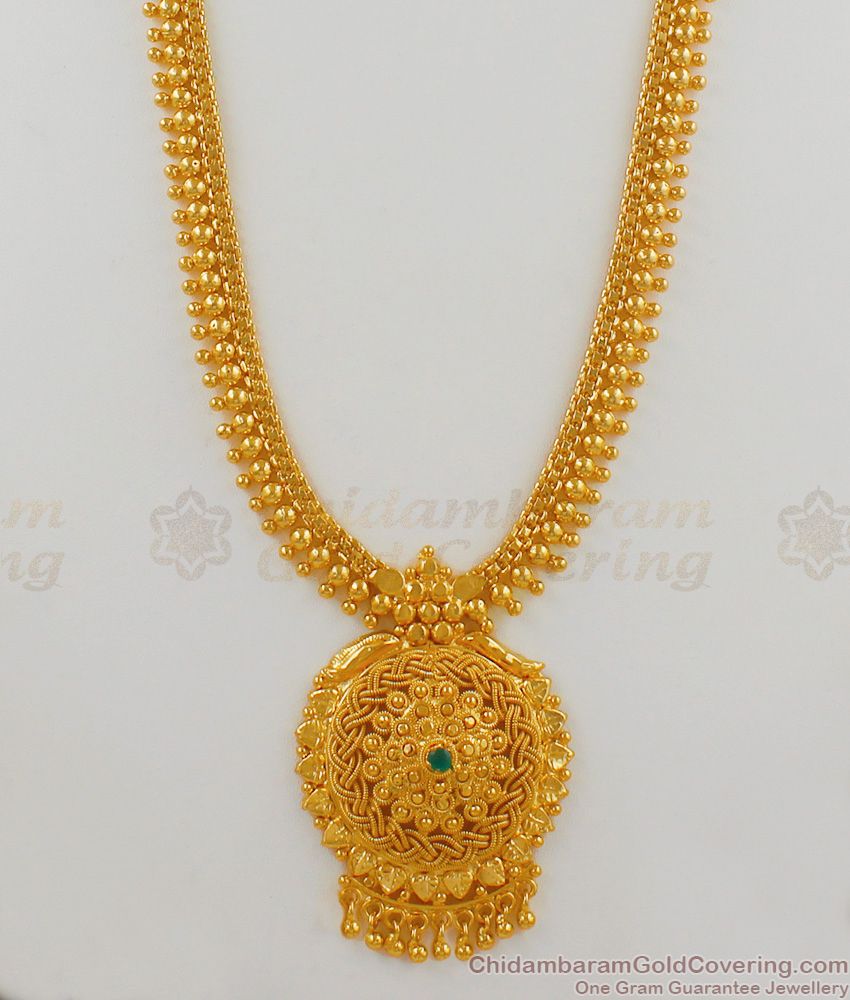 Gold Beads Chain Fashion Real Gold Bridal Haram With Emerald Stone Jewelry HR1532