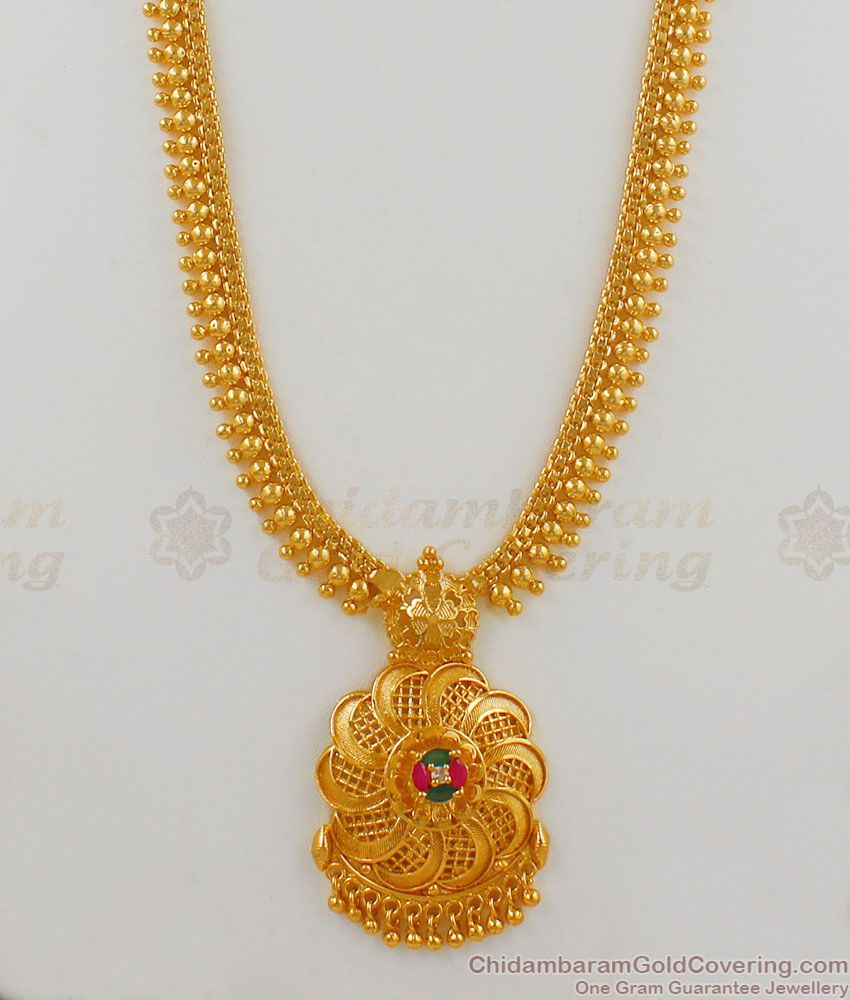 Latest Flower Design Real Gold Bridal Haram With Emerald Stone Jewelry HR1534