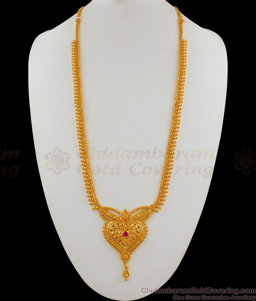 Gold Beaded Chain Ruby Stone One Gram Gold Regular Haram Jewelry HR1580