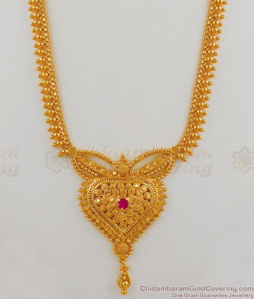 Gold Beaded Chain Ruby Stone One Gram Gold Regular Haram Jewelry HR1580