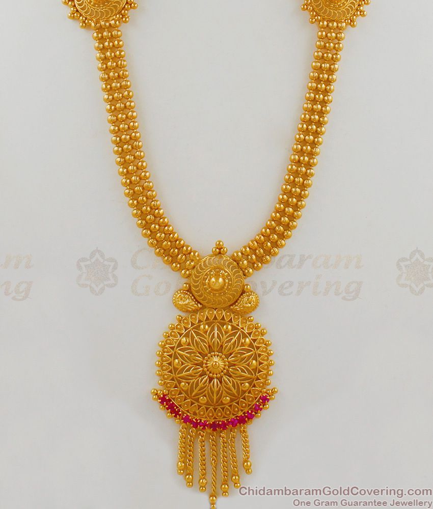 Kerala Trendy Pattern Gold Dollar With Ruby Stone Bridal Haaram Collection HR1592