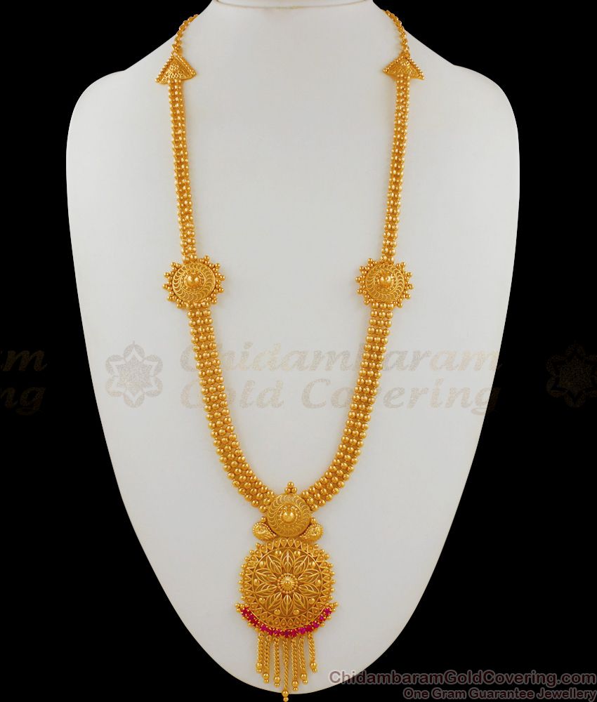 Kerala Trendy Pattern Gold Dollar With Ruby Stone Bridal Haaram Collection HR1592