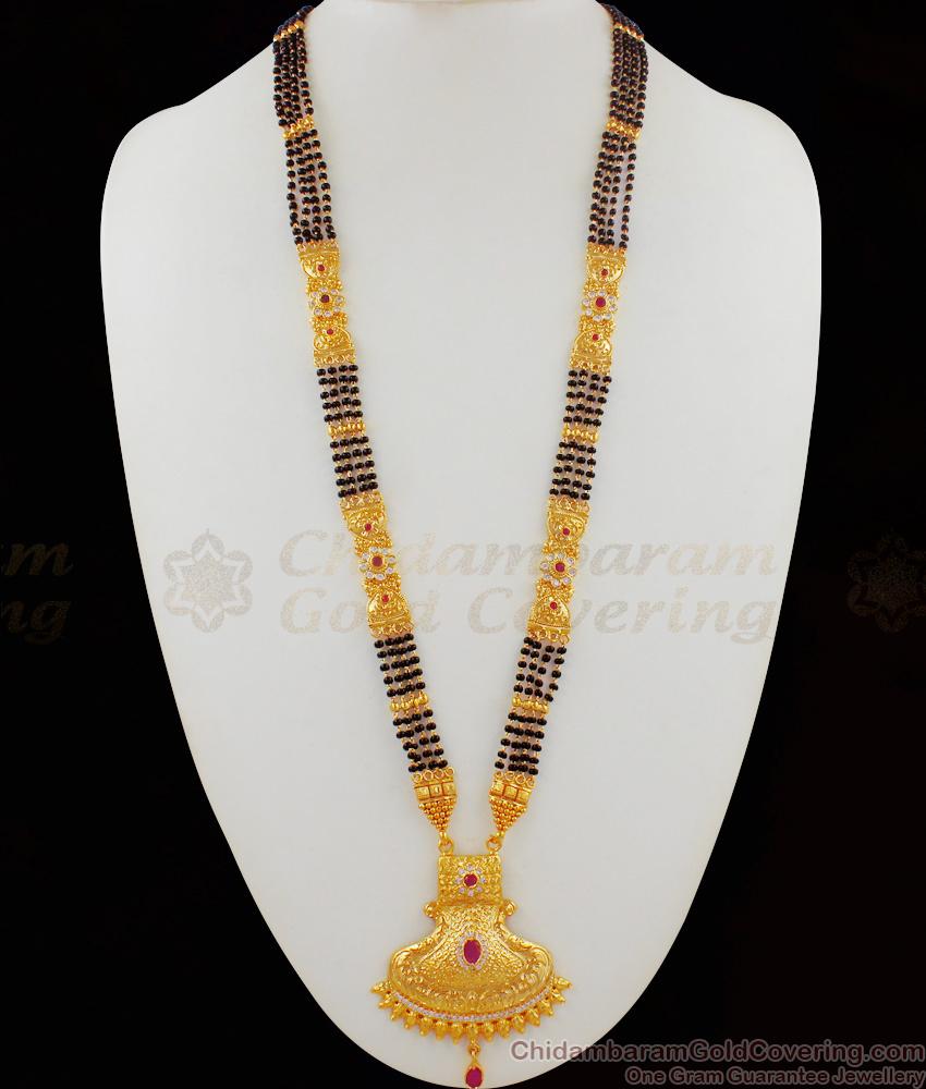 New Arrival Mangalsutra Design Gold Black Beads Four Line Forming Thali Chain HR1622