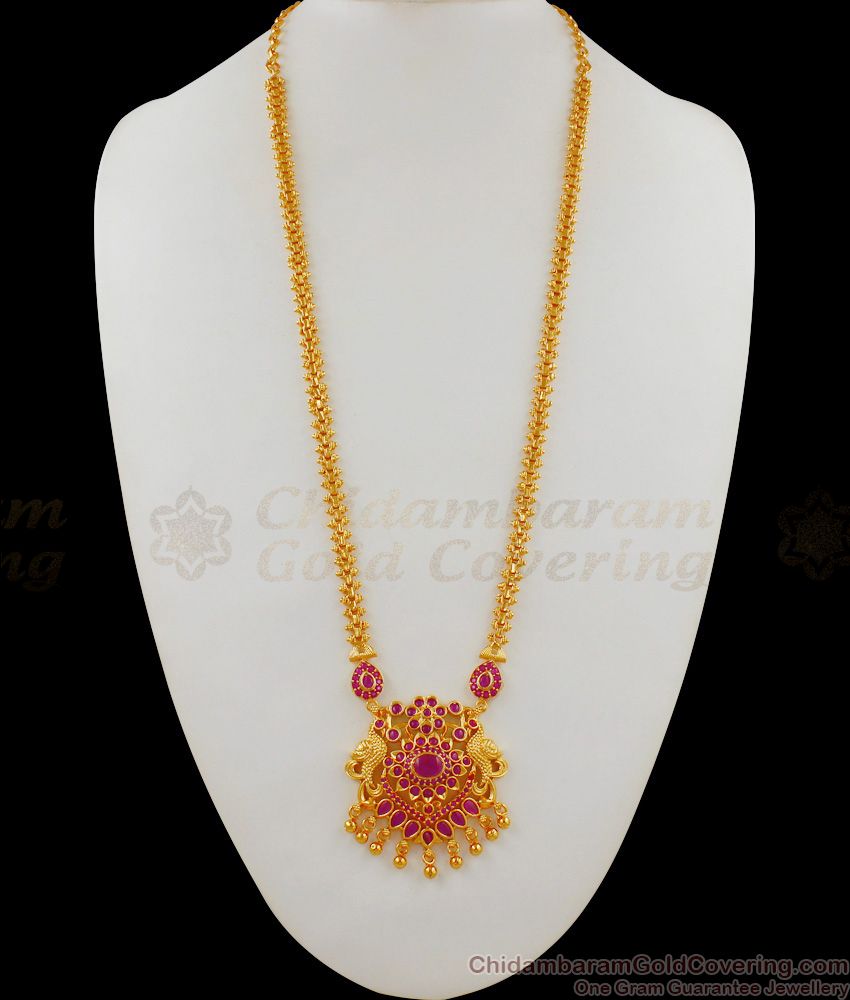 Handcrafted Long Necklace Peacock Dollar Ruby Stone Jewelry For Ladies HR1629