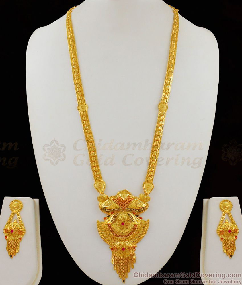 Real Gold Bridal Long Necklace Gold Forming Haaram With Earring Combo Set HR1638