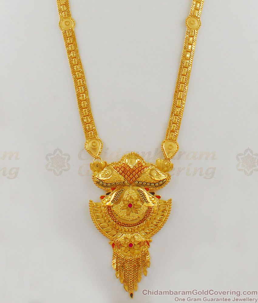 Real Gold Bridal Long Necklace Gold Forming Haaram With Earring Combo Set HR1638