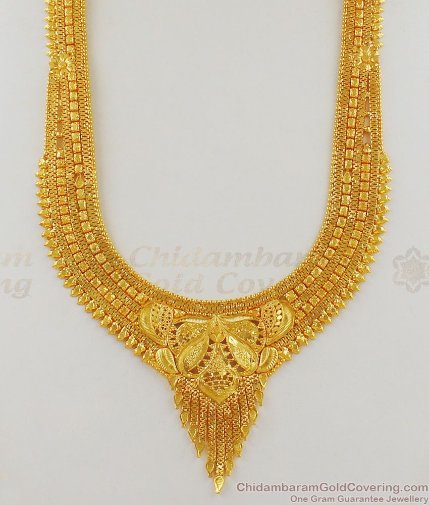 Plain Gold Haaram Forming Pattern With Earring Combo Set For Bridal HR1641