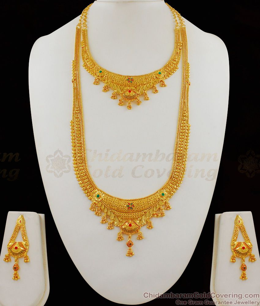 Grand Original Gold Design Forming Haaram Necklace Bridal Combo Set With Earrings HR1647