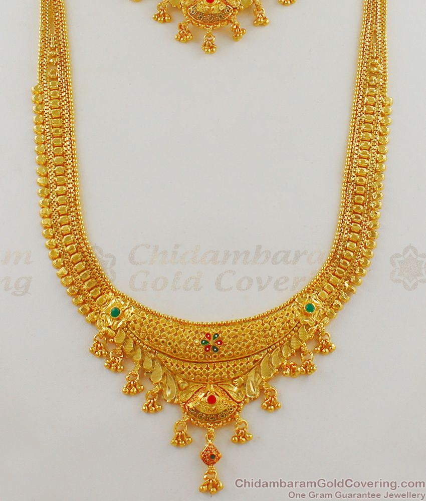 Grand Original Gold Design Forming Haaram Necklace Bridal Combo Set With Earrings HR1647